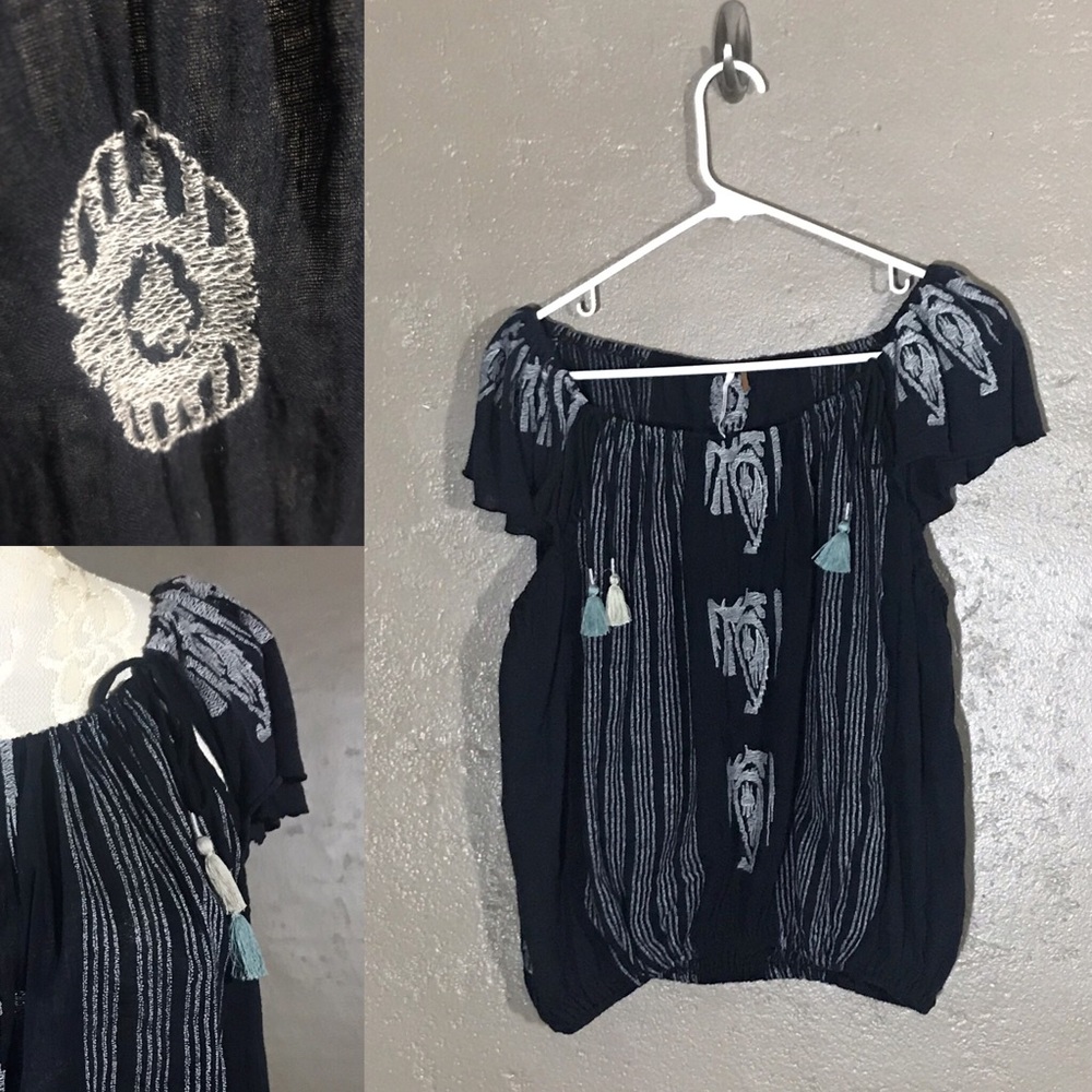 Free People Navy Embroidered Balloon Festival Top